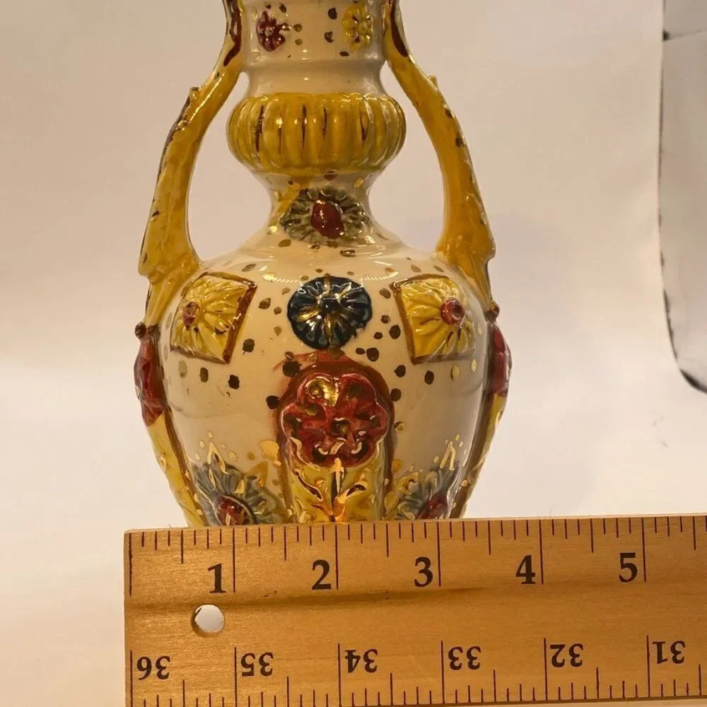 Pompeyi Bejeweled Signed Majolica Ceramic Vase Double Handle Gold Embossed